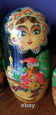Vintage 1992 Mockobckar Signed Russian 12 PC Fairy Tale Nesting dolls 13.5 tall