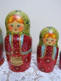 Vintage 1997 SIGNED Russian 7 NESTING Dolls Set of 5 Matryoshka Girls with Dolls
