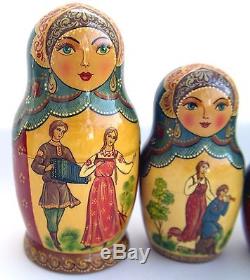 Vintage 5 Pcs Signed Matryoshka Russian Fairy Tale Nesting Doll 1997