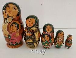 Vintage 5 piece Russian Nesting Dolls Alaska Inuit Woman Girl Dog Signed