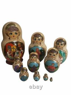 Vintage 9 Wooden Hand-Painted Russian Nesting Dolls 10pc Set Artist Signed 1997