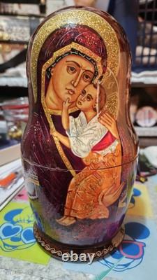 Vintage ARTISAN Signed Religious Russian Nesting Matryoshka 5 Wood Dolls