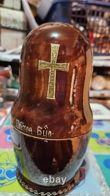 Vintage ARTISAN Signed Religious Russian Nesting Matryoshka 5 Wood Dolls