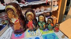 Vintage ARTISAN Signed Religious Russian Nesting Matryoshka 5 Wood Dolls