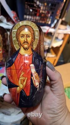 Vintage ARTISAN Signed Religious Russian Nesting Matryoshka 5 Wood Dolls