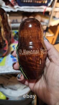 Vintage ARTISAN Signed Religious Russian Nesting Matryoshka 5 Wood Dolls