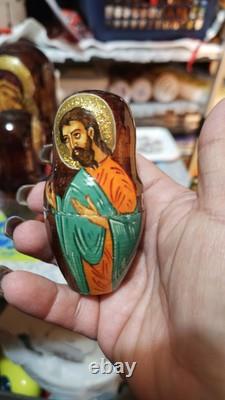 Vintage ARTISAN Signed Religious Russian Nesting Matryoshka 5 Wood Dolls