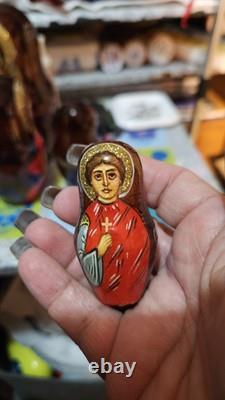 Vintage ARTISAN Signed Religious Russian Nesting Matryoshka 5 Wood Dolls