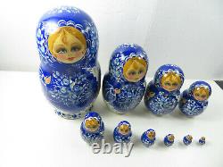 Vintage Blue Ceprueb Nocag Russian Fairy Tale Matryoshka Wooden Nesting Dolls 10