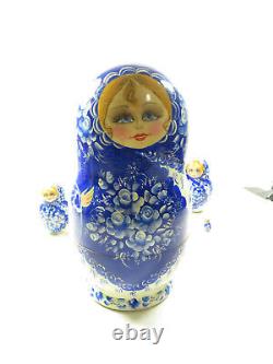 Vintage Blue Ceprueb Nocag Russian Matryoshka Wooden Nesting Dolls 10 Large
