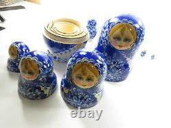 Vintage Blue Ceprueb Nocag Russian Matryoshka Wooden Nesting Dolls 10 Large