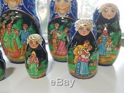 Vintage Blue Russian Nesting Dolls signed Ceprueb Nocag Set of 10 Hand Painted