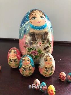 Vintage Cat Russian Nesting Dolls Eggs Wooden Set Signed Gold Leaf Floral Large