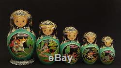 Vintage Collectable Russian Fairy Tales Nesting Doll 15 pc 11 Signed 1994