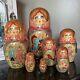 Vintage Fairytale Cat And Mouse Russian Nesting 7 Dolls Wooden 8.5 Tall