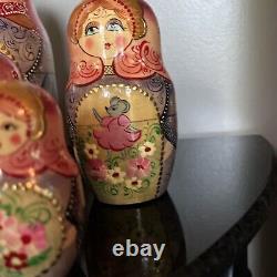 Vintage Fairytale Cat and Mouse Russian Nesting 7 Dolls Wooden 8.5 Tall