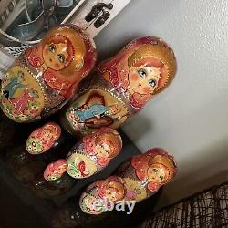 Vintage Fairytale Cat and Mouse Russian Nesting 7 Dolls Wooden 8.5 Tall
