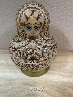 Vintage Gold Hand Painted 18 Pc Russian Nesting Dolls Ceprueb Nocag Signed