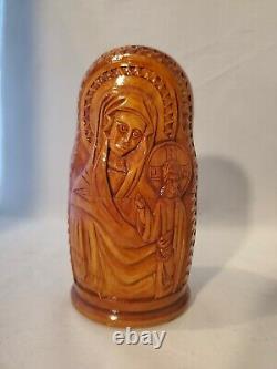 Vintage Hand Carved Religious Icon Wood Russian Nesting Dolls Rare