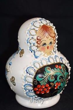Vintage Hand Painted 6 Russian Nesting Doll Matryoshka 10 Pc Set White Blue