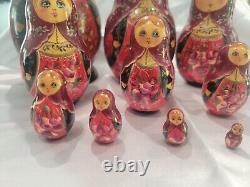 Vintage Hand Painted Rose Red & Gold Matryoshka 10 Russian Nesting Dolls Signed