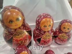 Vintage Hand Painted Rose Red & Gold Matryoshka 10 Russian Nesting Dolls Signed