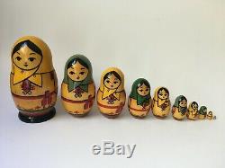 Vintage Hand Painted Russian Matryoshka Dolls 10 piece set 5 1/4 to 1/4
