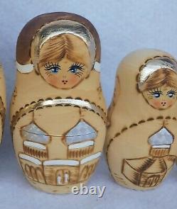 Vintage Handmade Wooden Pyrography Russian Matryoshka Nesting Dolls Set of 10