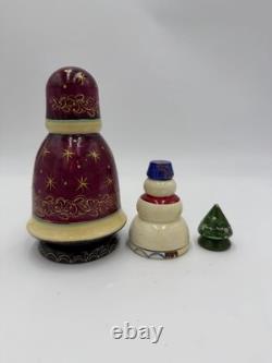 Vintage MATRYOSHKA Nesting Dolls Santa Snowman Christmas Tree Painted Wooden Set