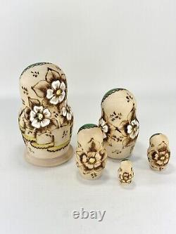 Vintage Matryoshka Nesting Dolls Russian Foiled Gold Gild Wood Pyrography MINT