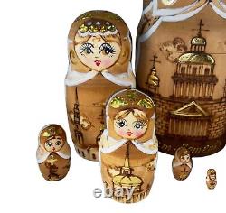 Vintage Matryoshka Russian Nesting Dolls 10 Signed Wood Burned Gold Accent 10PC