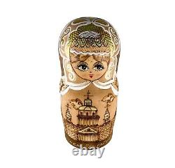 Vintage Matryoshka Russian Nesting Dolls 10 Signed Wood Burned Gold Accent 10PC