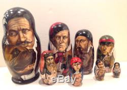 Vintage Museum Quality 10 Pcs Fedoskino Style Nesting Doll Hunters & Dogs 1994