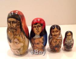 Vintage Museum Quality 10 Pcs Fedoskino Style Nesting Doll Hunters & Dogs 1994
