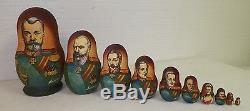 Vintage Russia Wood Carved Nesting Dolls Russian Rulers Signed 9 1/2 Tall 10 Pc