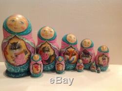Vintage Russian 10 Nesting Dolls Folks Tale Cats, Rooster & Fox By M. Beregova
