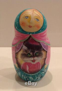 Vintage Russian 10 Nesting Dolls Folks Tale Cats, Rooster & Fox By M. Beregova