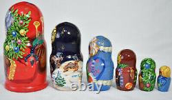 Vintage Russian Christmas/Santa Claus Nesting Dolls / 6 Wood Hand Painted Large
