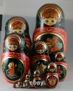 Vintage Russian Fairy Tales Hand Painted Laquer Matryoshka Nesting Dolls 1996
