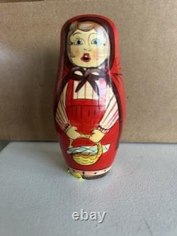 Vintage Russian Hand-painted Wood Nesting Dolls Set 0f 5 Little Red Riding Hood