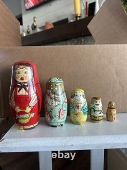 Vintage Russian Hand-painted Wood Nesting Dolls Set 0f 5 Little Red Riding Hood