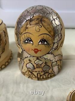 Vintage Russian Matreshka Birch Wooden Nesting Doll Hand Painted Gold Leaf