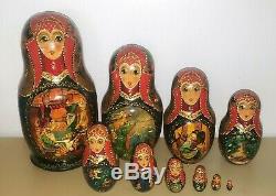 Vintage Russian Matryoshka Babushka10 pcs Hand Painted Nesting Dolls Authentic