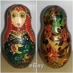 Vintage Russian Matryoshka Babushka10 pcs Hand Painted Nesting Dolls Gold Leaf