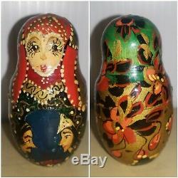 Vintage Russian Matryoshka Babushka10 pcs Hand Painted Nesting Dolls Gold Leaf