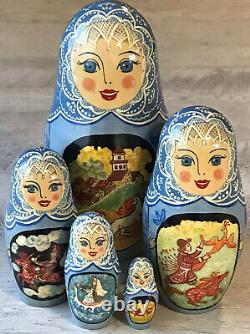 Vintage Russian Matryoshka Nesting Dolls Hand Painted SIGNED 5 pc Fairy tale