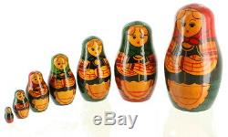 Vintage Russian Matryoshka Nesting Dolls Hand Painted Wood 7pc Ussr Sticker 5.5