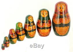 Vintage Russian Matryoshka Nesting Dolls Hand Painted Wood 7pc Ussr Sticker 5.5