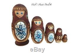 Vintage Russian Matryoshka Nesting Dolls Painted Wood Burned 5 PC Babushka Brown
