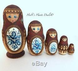 Vintage Russian Matryoshka Nesting Dolls Painted Wood Burned 5 PC Babushka Brown